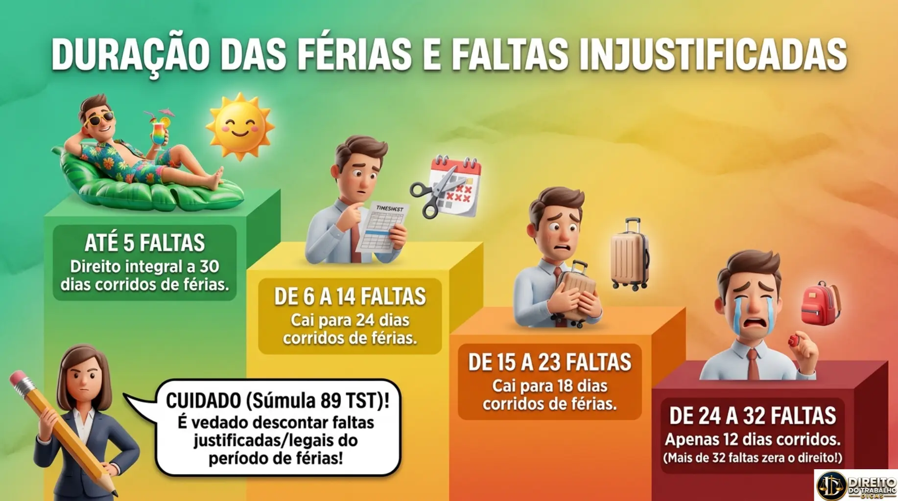 Amostra de mapa mental em formato de escada mostrando a duração das férias conforme as faltas injustificadas ao trabalho