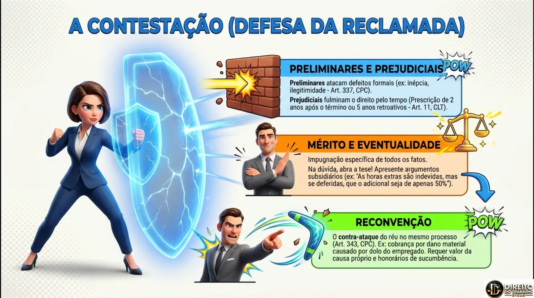 Amostra de mapa mental sobre a contestação na defesa da reclamada, com preliminares e prejudiciais, mérito e eventualidade e reconvenção