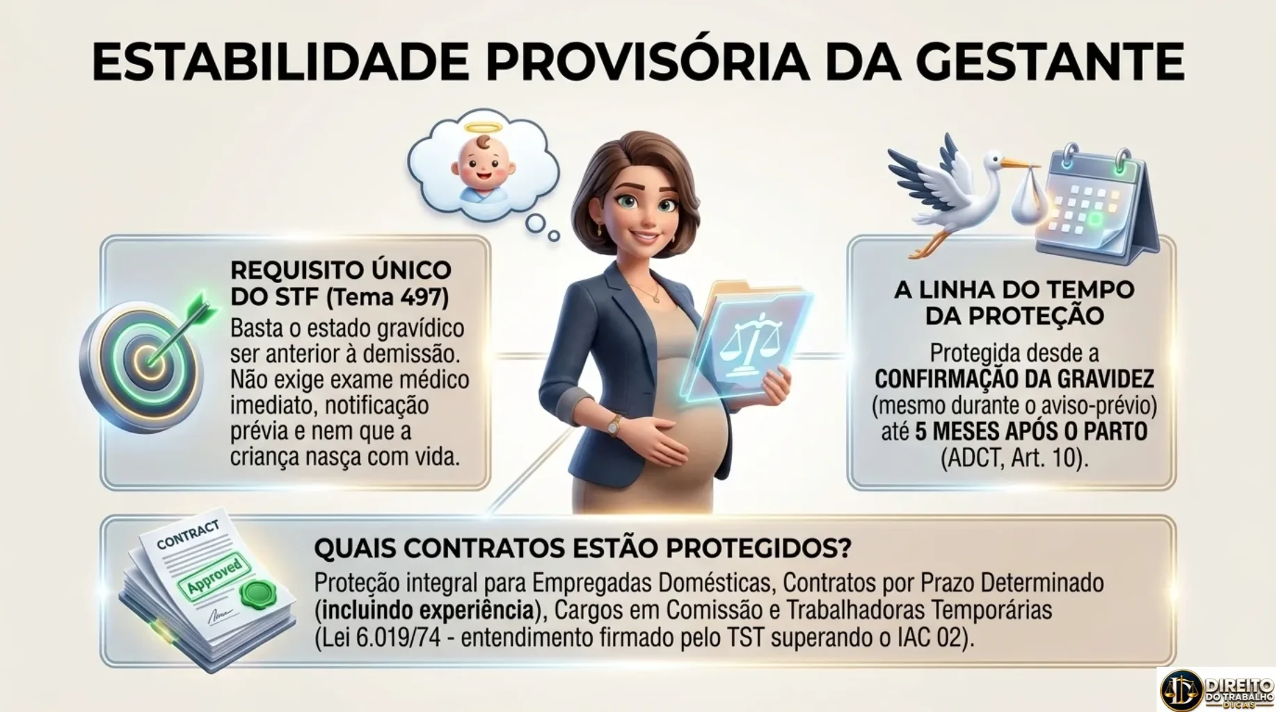 Amostra de mapa mental sobre estabilidade provisória da gestante, com o requisito único do STF e a linha do tempo da proteção