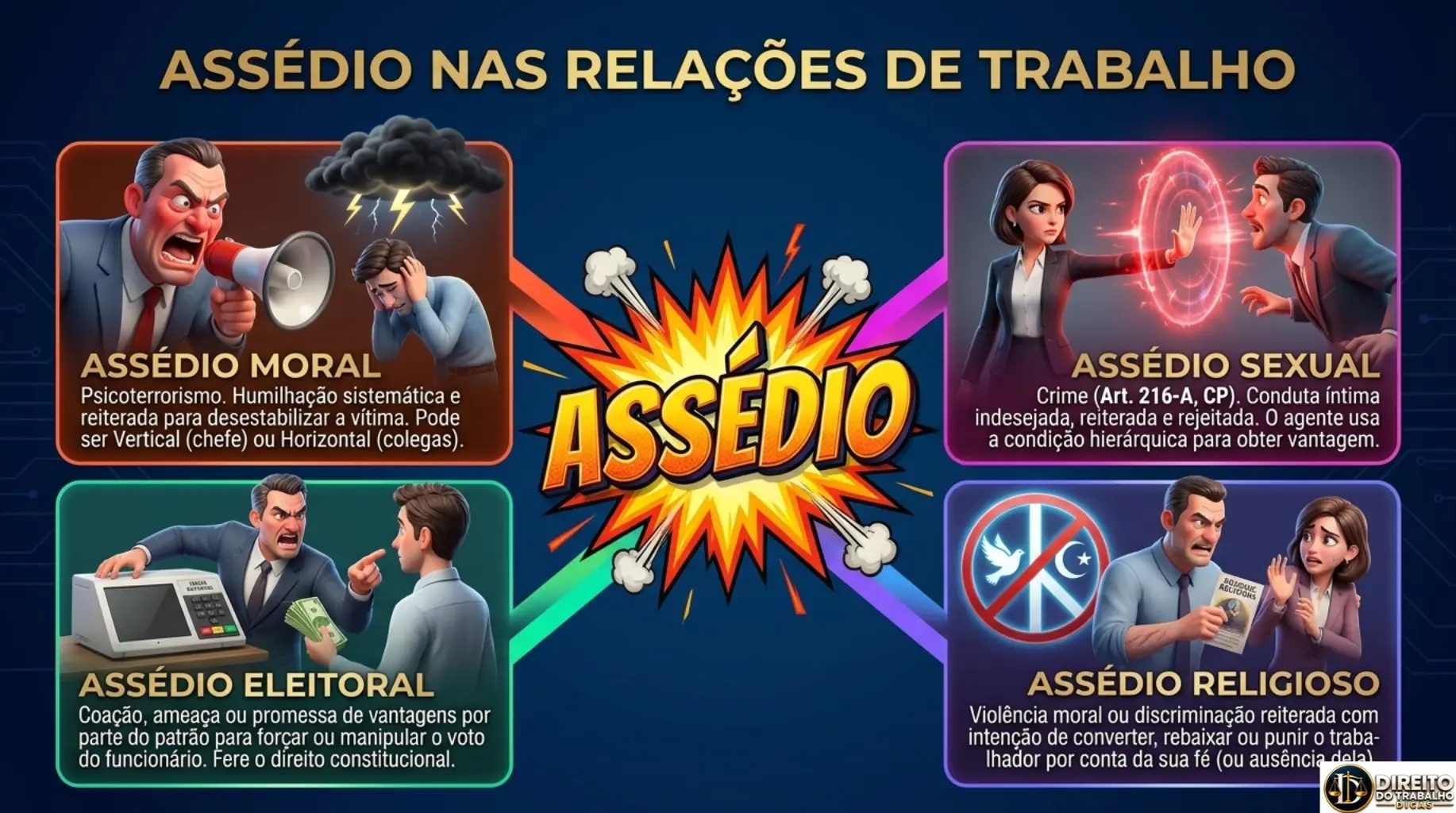 Amostra de mapa mental sobre assédio nas relações de trabalho, com os tipos moral, sexual, eleitoral e religioso